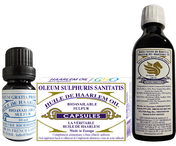 Gama de productos Aceite de Haarlem que incluye una caja de 30 cápsulas, un frasco cuentagotas de 10 ml y una botella de 200 ml de suplemento de azufre biodisponible.